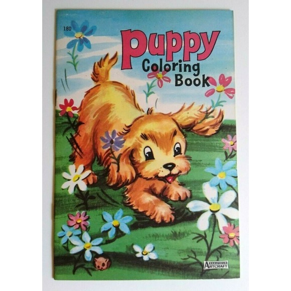 Big Little Book Puppy Coloring 180 Saalfield Unused NOS Cute Dog In Flower Bed - Picture 2 of 12